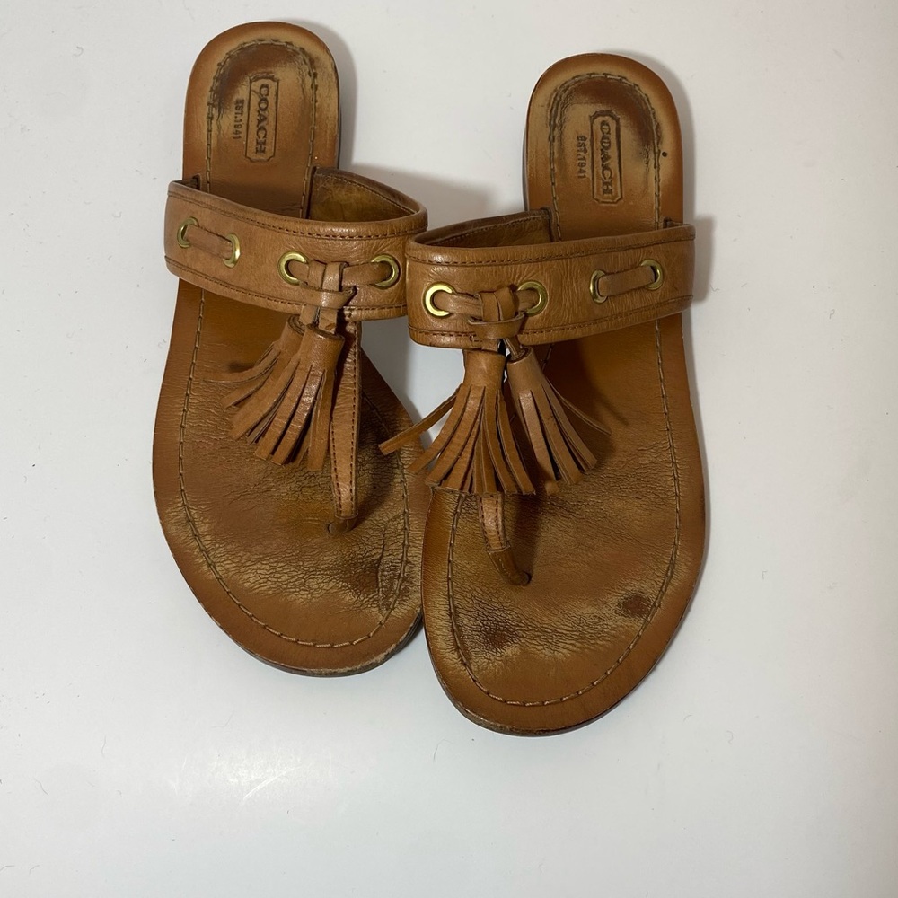 Coach Sheena Women’s Leather Sandals TannedTassels Gold Grommets Size 8.5 - Picture 4 of 9